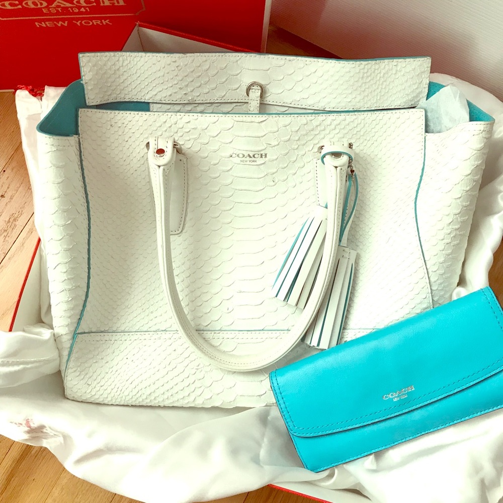White Python Coach Bag and Matching Teal Wallet